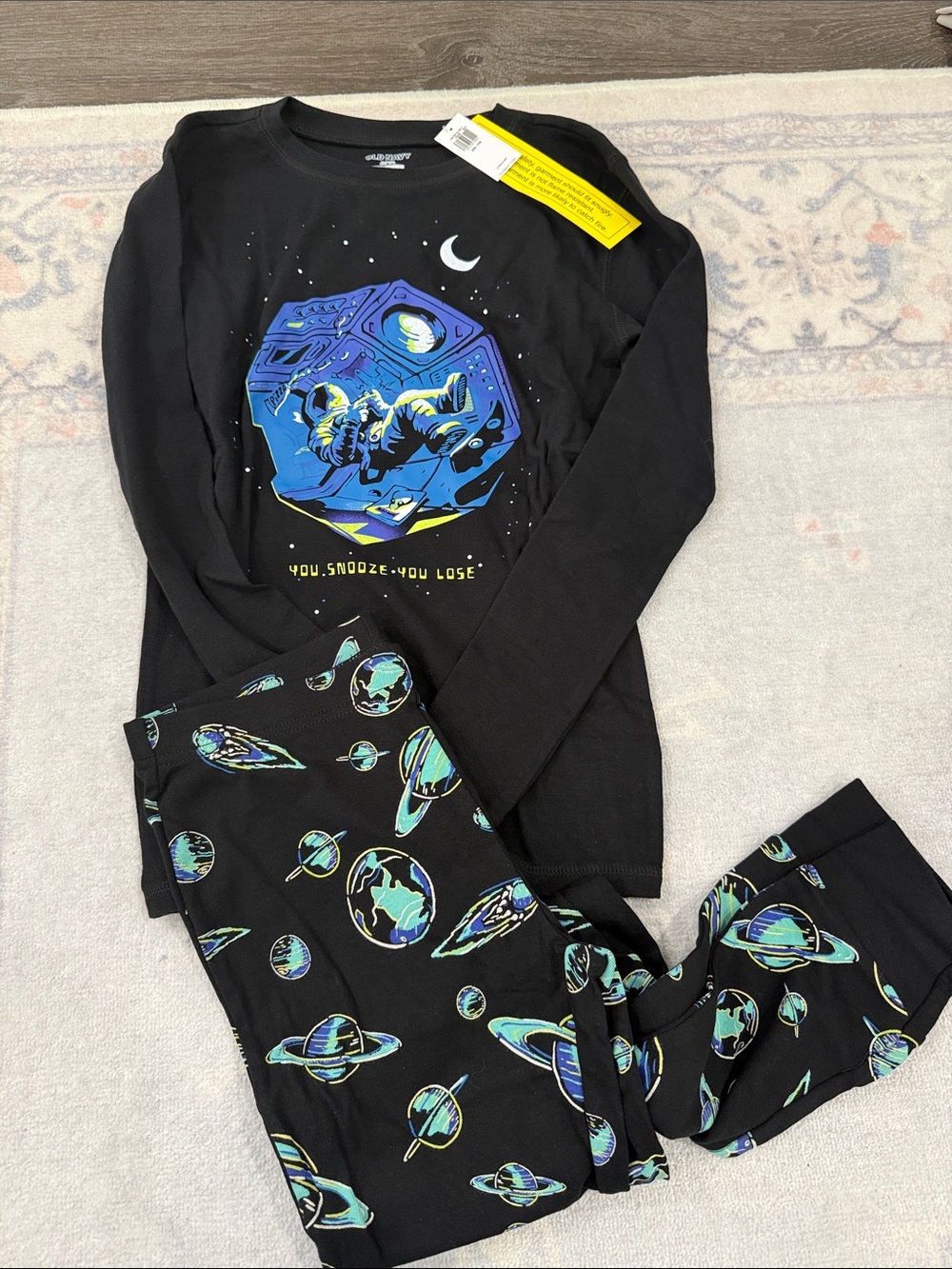 Old Navy Black Kids Space Astronaut Pajama Set with Blue & Green Print